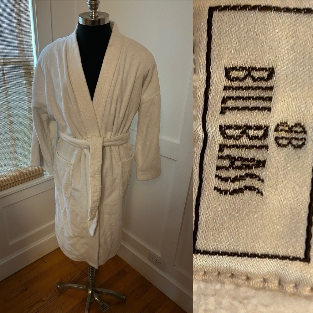 Vintage Bill Blass Robe Men One Size Belted Pockets Terry 100% Cotton WHITE
